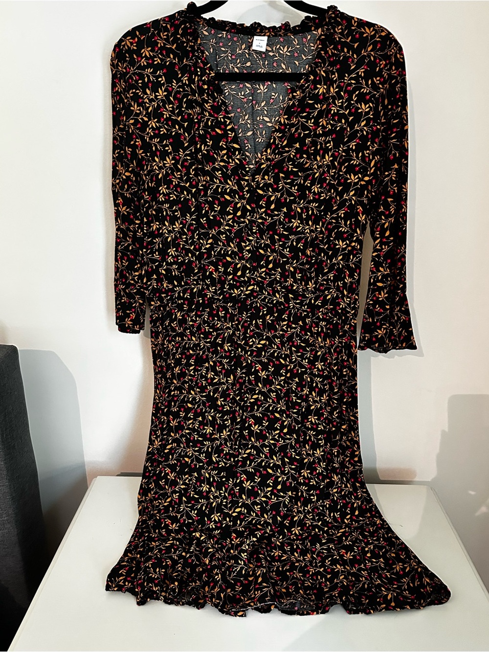 Old Navy Black Midi Dress with Red and Gold Floral Print